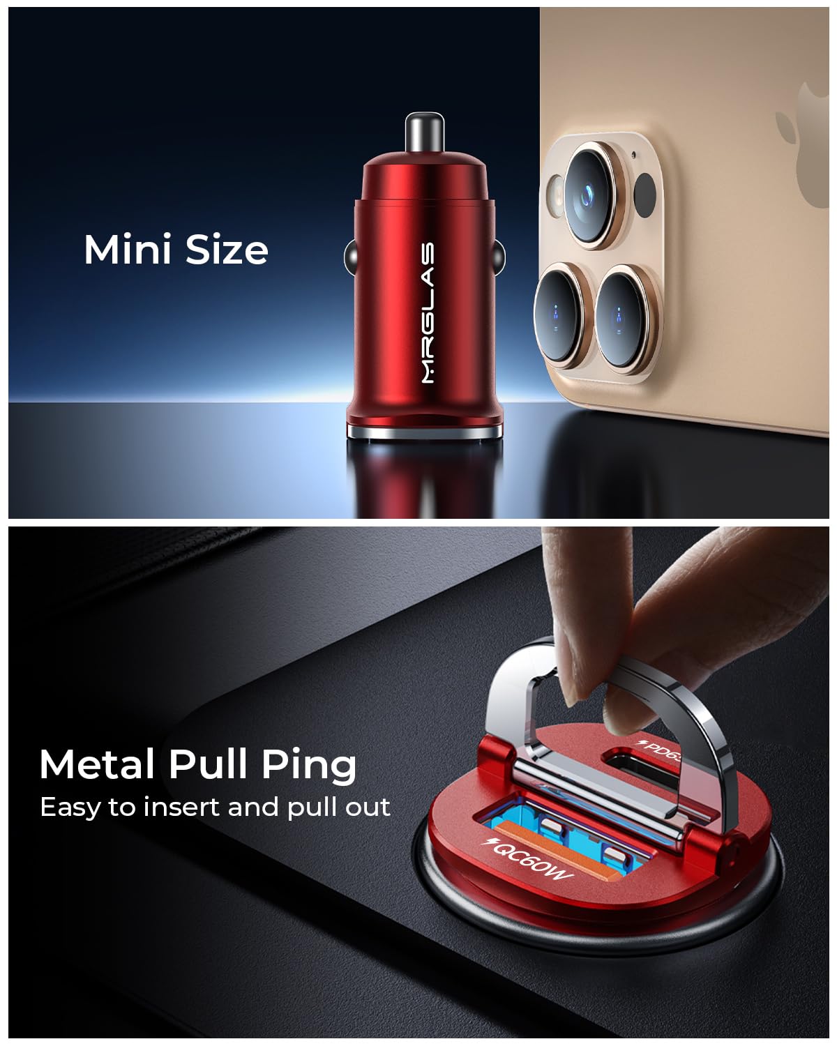 【Upgraded】 125W USB C Car Charger Super Fast Charging for iPhone 16, [PD65W & QC60W][All Metal] MRGLAS Cigarette Lighter Car Charger,Dual Port for iPhone 16 15 Pro iPad Samsung S25 S24 MacBook-Red