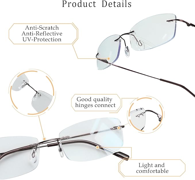 LifeArt Blue Light Blocking Computer Reading Glasses,Men's and Women's Rimless Frame (Brown, +1.75 Magnification)