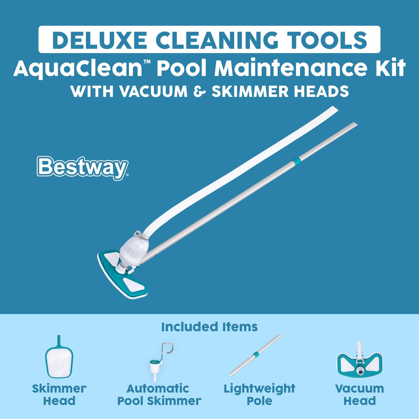 Bestway: AquaClean Deluxe Pool Maintenance Kit - Lightweight Pole, Vacuum & Skimmer Heads, Remove Leaves & Debris, Cleaning Accessory Pools Up to 20'