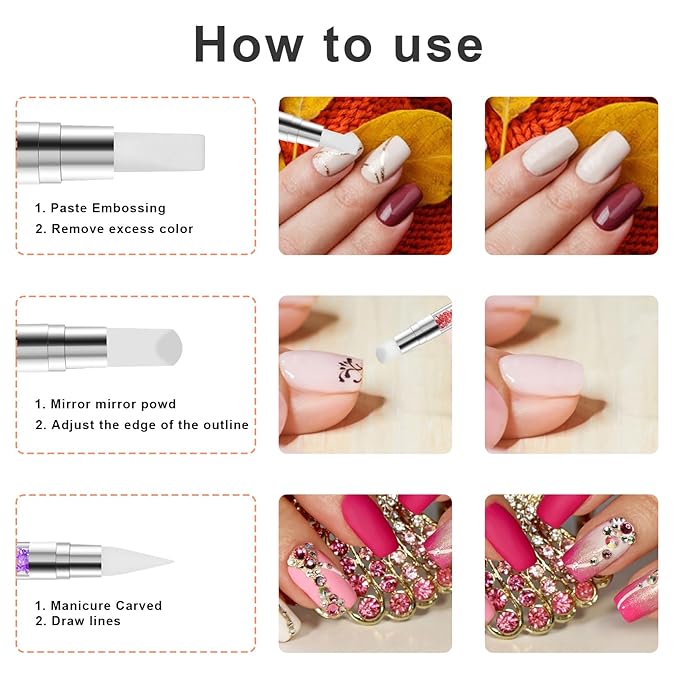 10PCS Nail Art Gel Carving Pen Rhinestone Handle Silicone Nail Art Pen Brushes for Design Foil Carving Drawing 3D Effect Shaping Drawing Dotting Tool