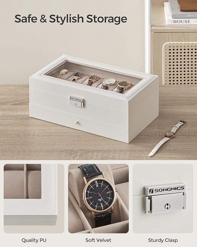 SONGMICS Watch Box, 12-Slot Watch Case Organizer with Large Glass Lid, 2 Layers, Removable Pillows, Metal Lock, Gift for Loved Ones, Cloud White Synthetic Leather, Cappuccino Beige Lining UJWB012W01