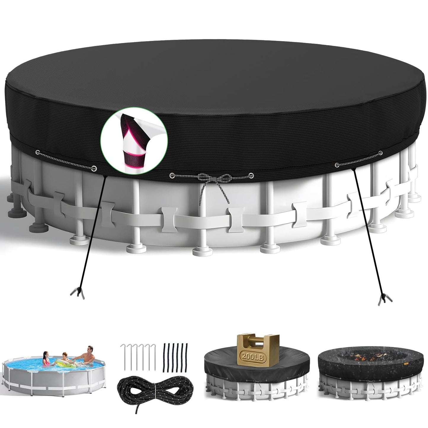 HIGHTQURO 12Ft Round Pool Cover,Heavy Duty Waterproof Round Pool Covers for Above Ground Pools with Ground Nails and Windproof Ropes,Increase Stability&Tear-Resistant, Waterproof and Dustproof, Black