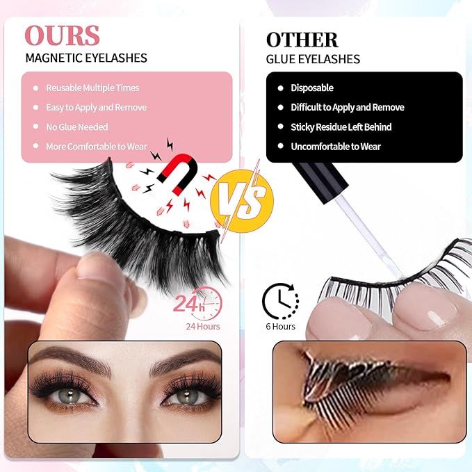 Magnetic Eyelashes Natural Look, 12 Pairs Magnetic Lashes No Glue, Reusable False Eyelashes with Tweezers