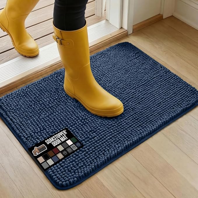 GORILLA GRIP SoakSTOPPER Dog Door Mat, 30x20 Machine Washable Rug Absorbent Doormat Captures Moisture Mud Dirt, Quick Dry Soft Chenille Entryway Rugs Indoor Entrance Mats for Dog Paws, Navy Blue
