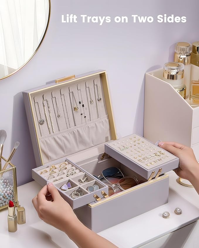 Lolalet Jewelry Box Organizer for Women Girls, 2 Layer Jewelry Organizers and Storage for Necklace Earrings Rings Bracelets, Large Jewellery Holder Case Birthday Valentine Gifts -HazePurple