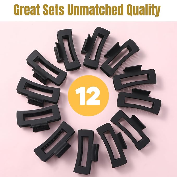 12 Pack Large Black Square Hair Claw Clips for Women, 4.3 Inch Matte Rectangle Claw Clips, Strong Hold & Non-Slip for Thick or Thin Hair