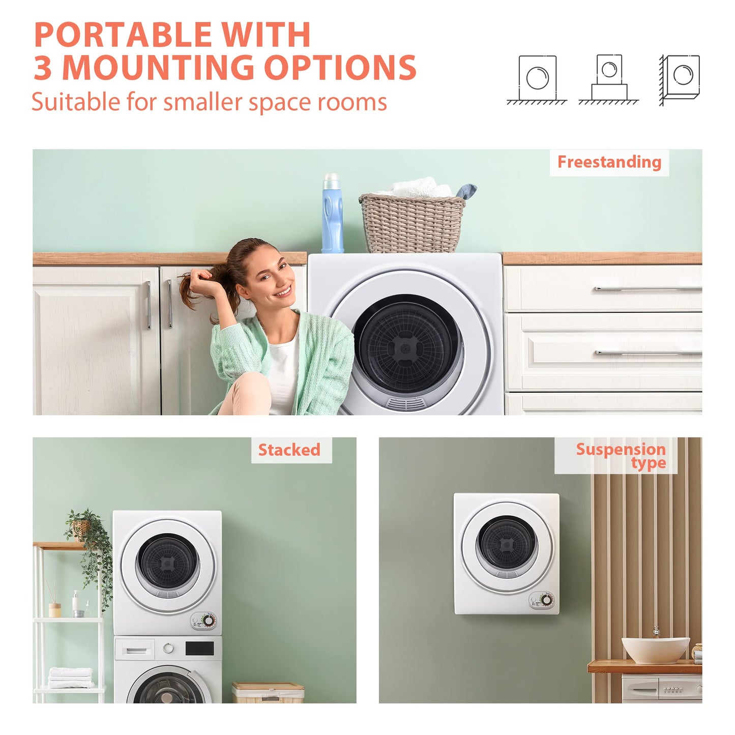 Euhomy Portable Dryer 1.5 cu. ft., 850W Powerful Clothes Dryer with Stainless Steel Drum and Exhaust Hose, Dryer Ideal for Apartments, RVs, Dorm Rooms，White