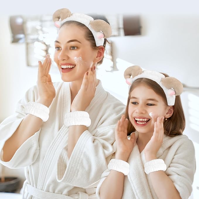 CAVETEE 3 Piece Hairband and Wristband Set for Women, White Sheep Horn Makeup Headband and Wristband for Skincare, Shower, Hair Styling, Securing Hair