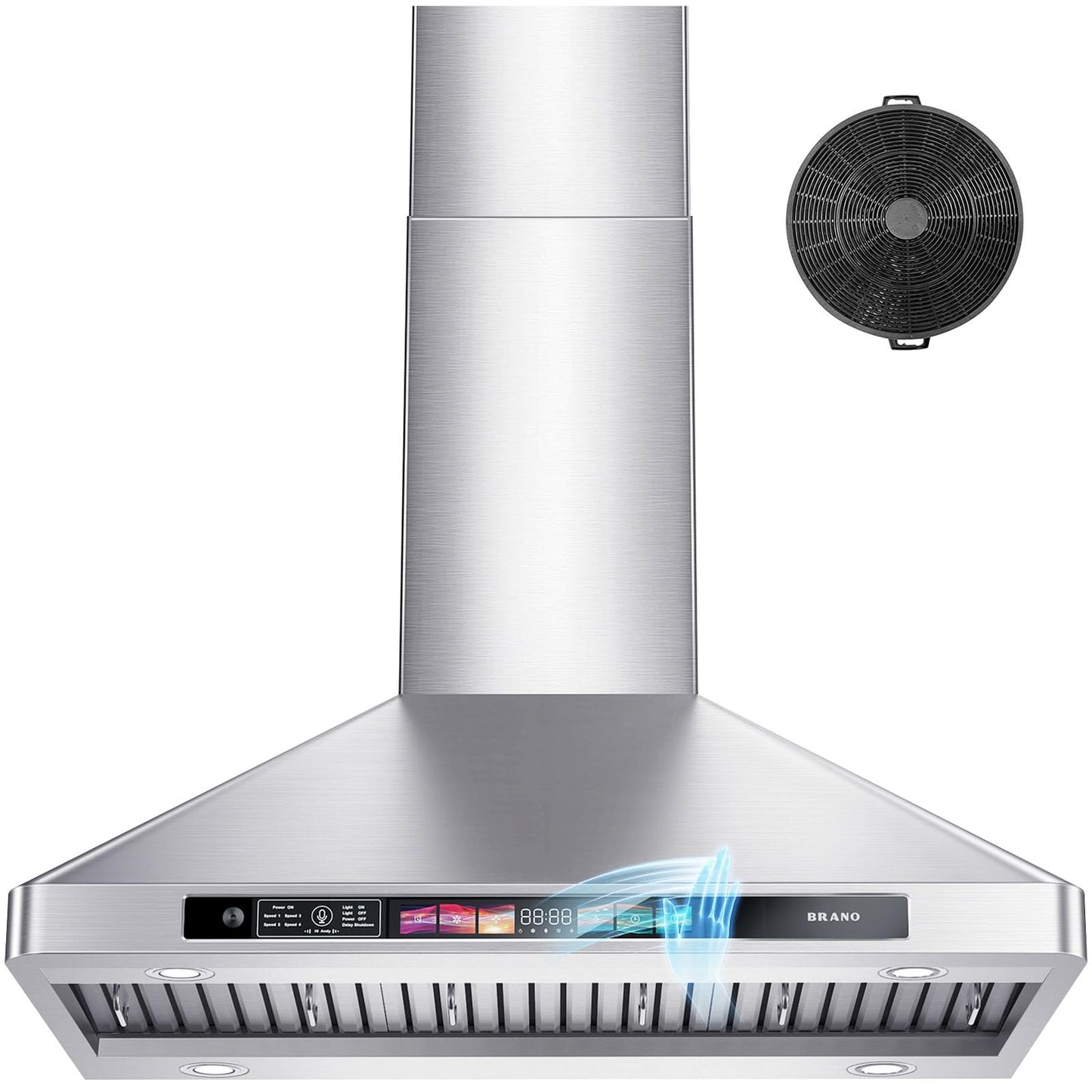 BRANO 30 Inch Wall Mount Range Hood, 900 CFM, Voice/Gesture/Touch Control, Stainless Steel, 4 Speed, 4 Adjustable Lights, Ducted/Ductless Convertible