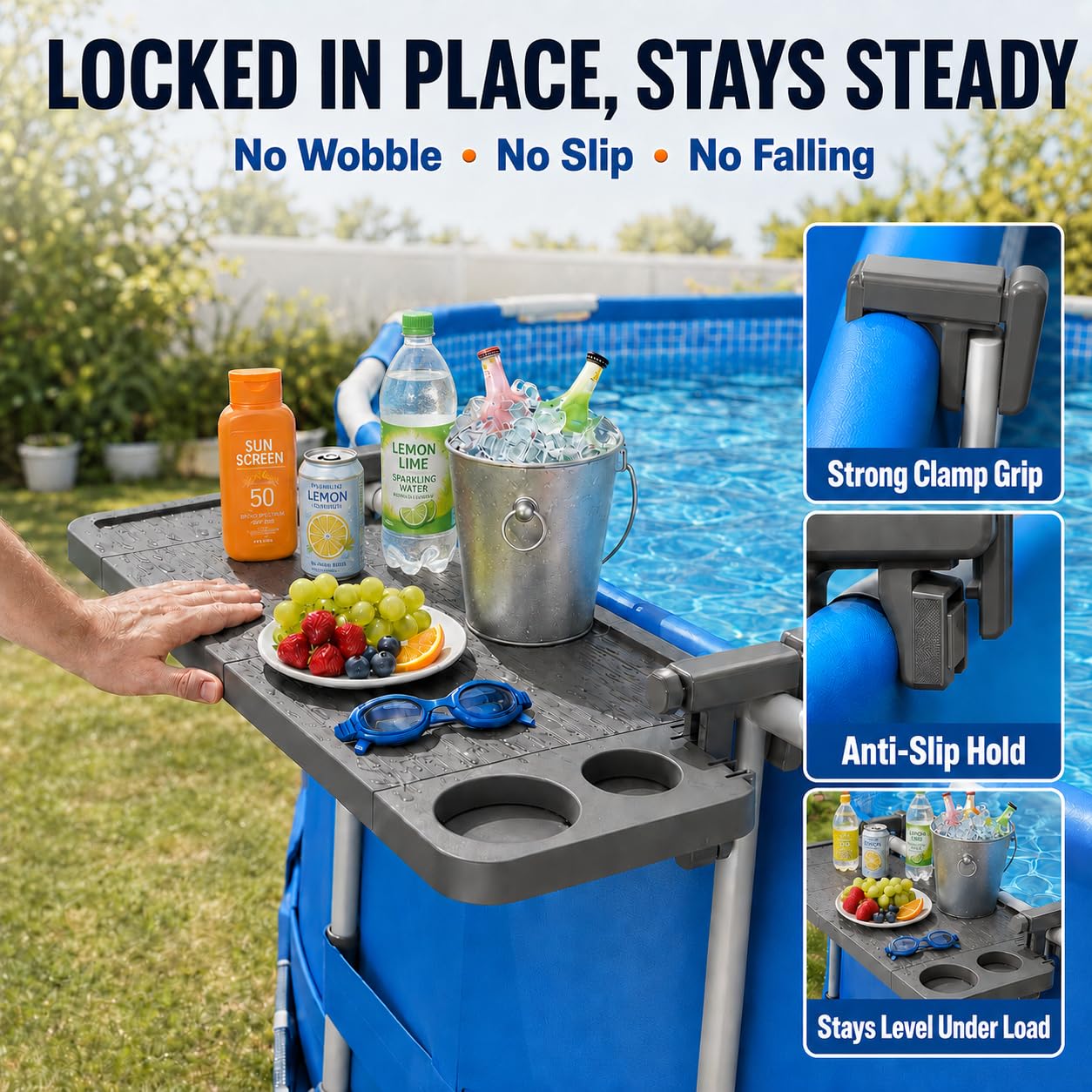 Arlierss Pool Bar for Above Ground Pool, Swim Up Bars for Pool, 47" x 12" Pool Side Table with 90 lbs Capacity, Poolside Bar Clip-On Foldable Tabletop Easy Install