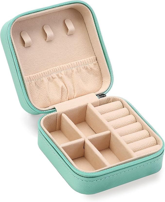 Travel Jewelry Case, Mini Portable Jewelry Travel Boxes, Small Jewelry Organizer for Rings, Earrings, Pendants, Watches, Necklaces, Lipsticks Organizer Storage Holder Case (Cyan Blue)