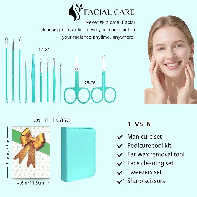 Nail Clippers Set, 26 Piece Manicure Set & Pedicure Kit, Stainless Steel Fingernail & Toenail Clipper Cutters, Professional Nail Care Tools with Luxurious Travel Case for Men and Women, Turquoise