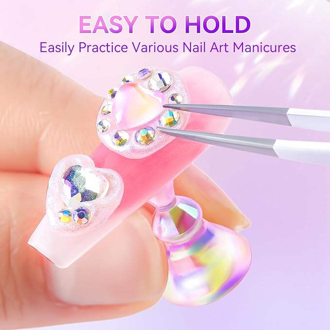 Makartt Press on Nails Stand: Clear and Pink Nail Holder for Painting Nails, Stands for Art Display Practice, Magnetic Clear Glitter Flower Fake Holders with Reusable Adhesive Putty for Home Salon DIY