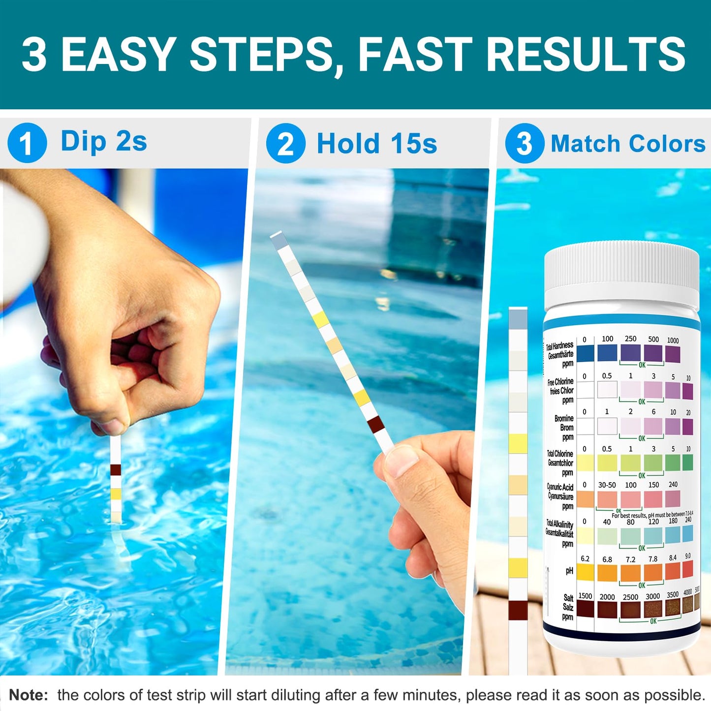 AKSBTEC 2026 Salt Water 8-in-1 Pool Test Strips Kit | 150 Strips Pool Salt Test Strips | Salt Water Pool Testing Kit for Pools, Hot Tubs & Spas Quick Accurate Tests Salt, Chlorine, pH, Cyanuric Acid