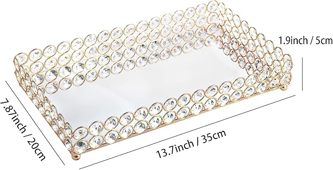Feyarl Crystal Perfume Fragrance Tray Cosmetic Makeup Vanity Tray Jewelry Trinket Ring Earring Display Organizer Decorative Skin Care Storage for Home Dresser Countertop(13.7 x 7.87 inch)