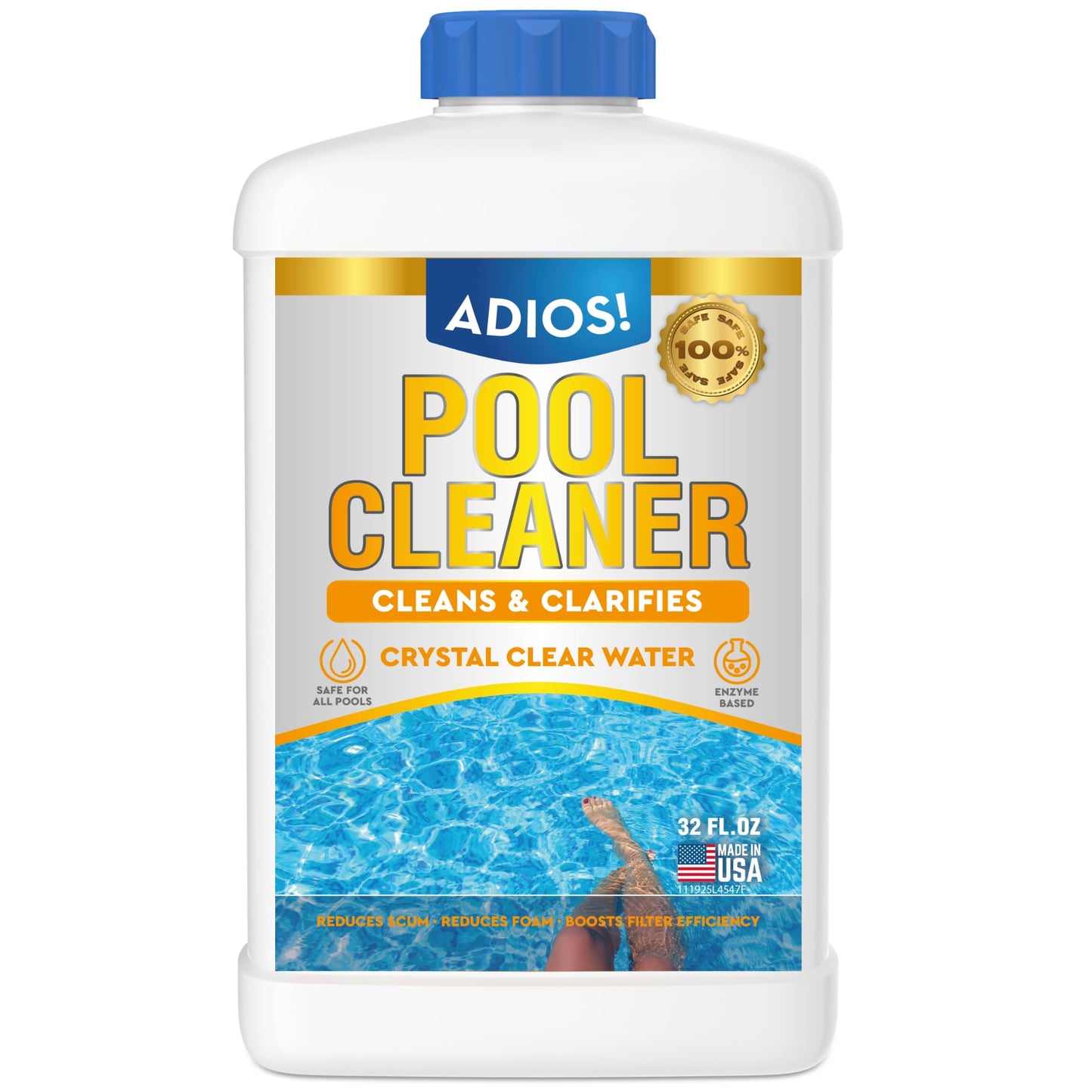 Adios! 20X Pool Cleaner and Clarifier – Restores Cloudy and Hazy Water for Above Ground and Inground Pools – Twenty Treatments per 32oz Bottle