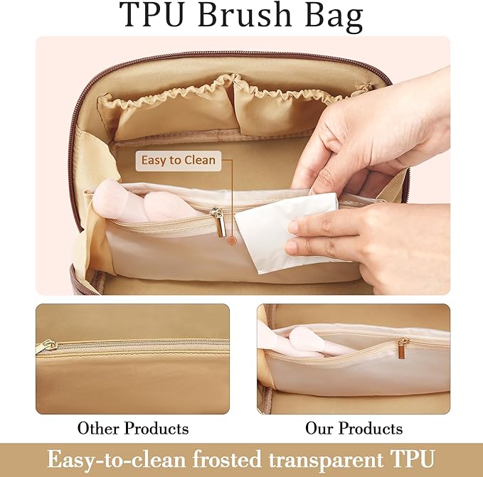 Birthday Gifts for Women Teen Girl, Personalized Initial Makeup Organizer Bag Set, Open Flat Travel Cosmetic Bag With Clear Divider and Handle(Coffee,H)
