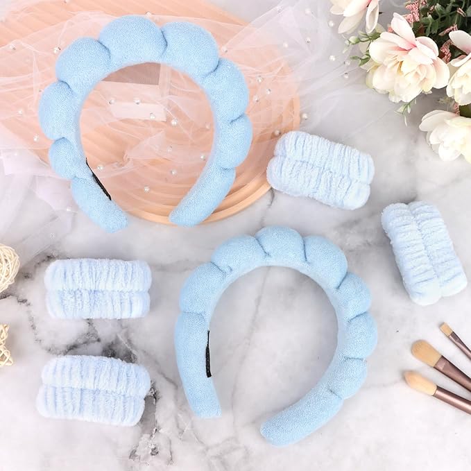 6Pcs Blue Spa Set, Skincare Wrist Washbands, Terry Cloth Headbands for Face Washing