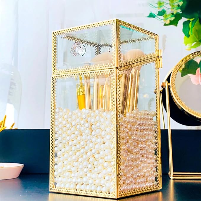 Makeup Brush Holder Organizer with Lid, Glass Cosmetic Make Up Brushes Container, Clear Makeup Tool Storage Box Cup with Pearls, Vintage Dustproof Vanity Decor for Countertop Desktop