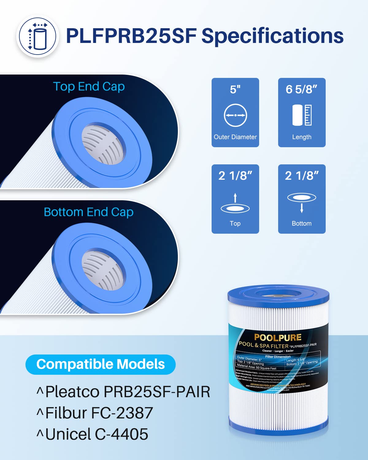 POOLPURE PRB25SF Spa Filter Replaces Unicel C-4405, Filbur FC-2387, PRB25SF-PAIR, Marquis 20342, R172464, APCC7062, CMP 25392-000-100, 17-2464, 817-5010 Hot Tub Filter 2 Pack