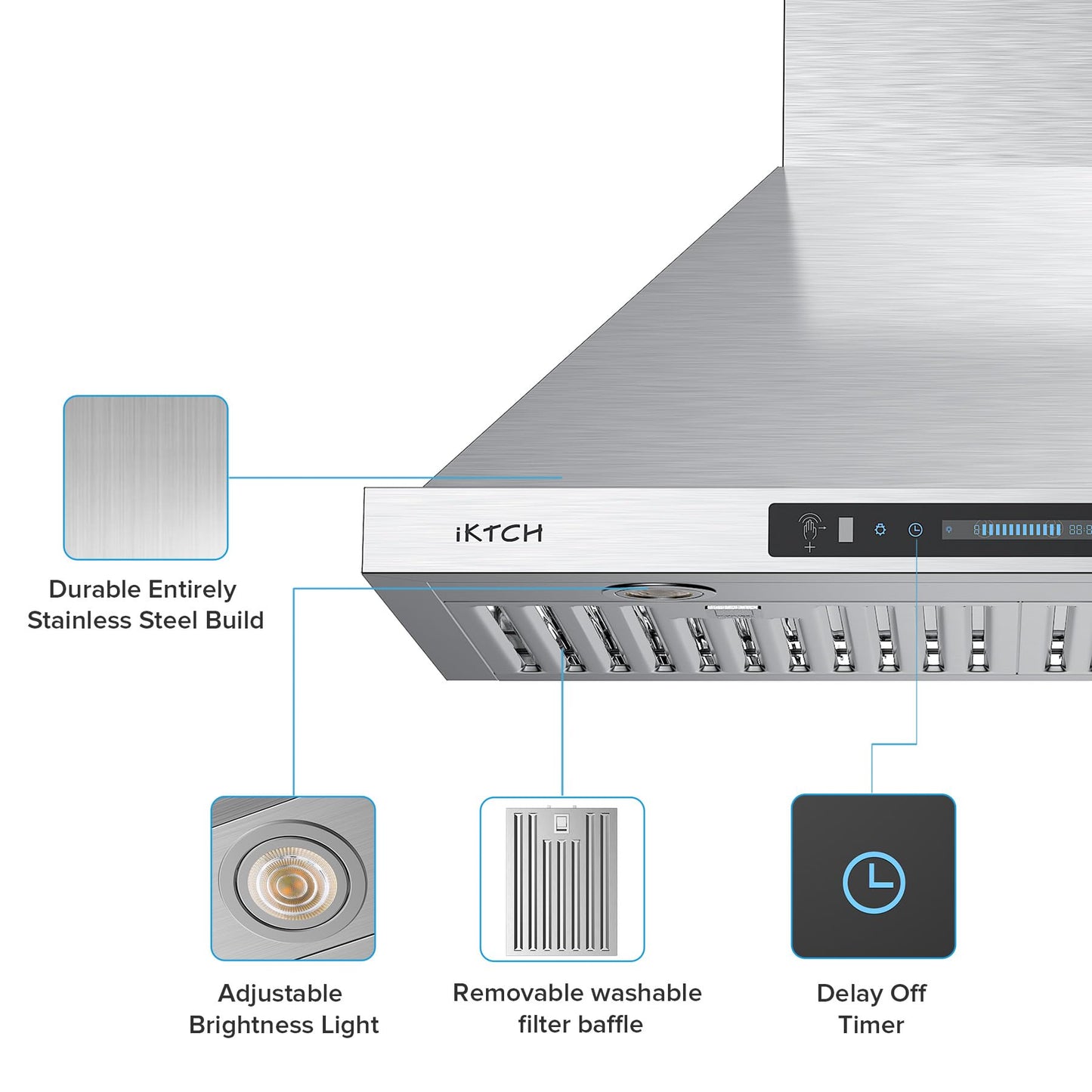 IKTCH 30 inch Wall Mount Range Hood, 390 CFM Low Noise Kitchen Vent Hood, Ducted/Ductless Convertible, Kitchen Chimney Vent Stainless Steel with Gesture Sensing & Touch Control Switch Panel