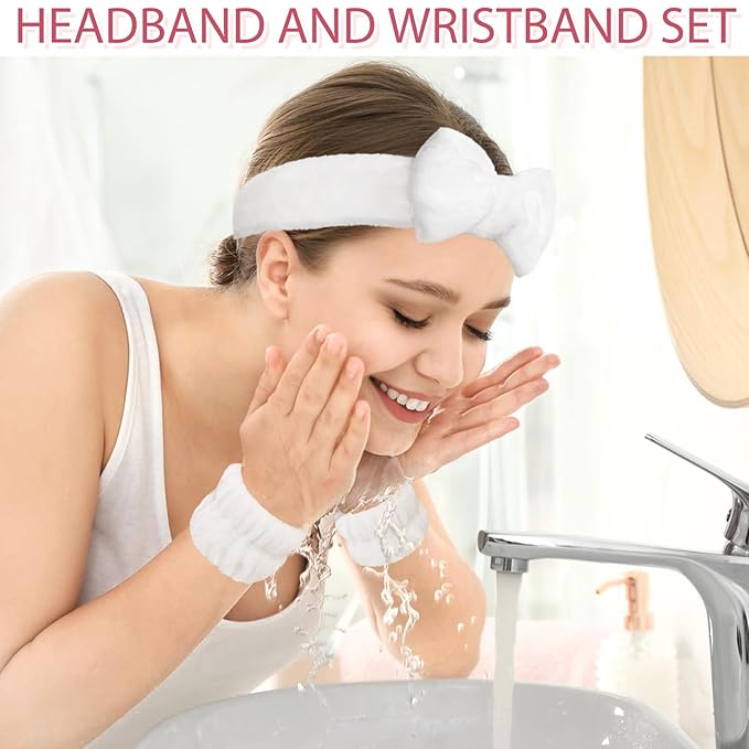 Fmeida Spa Headband and Wrist Band Set for Face Washing Skin Care Headband Pink Hairband 3 Pack