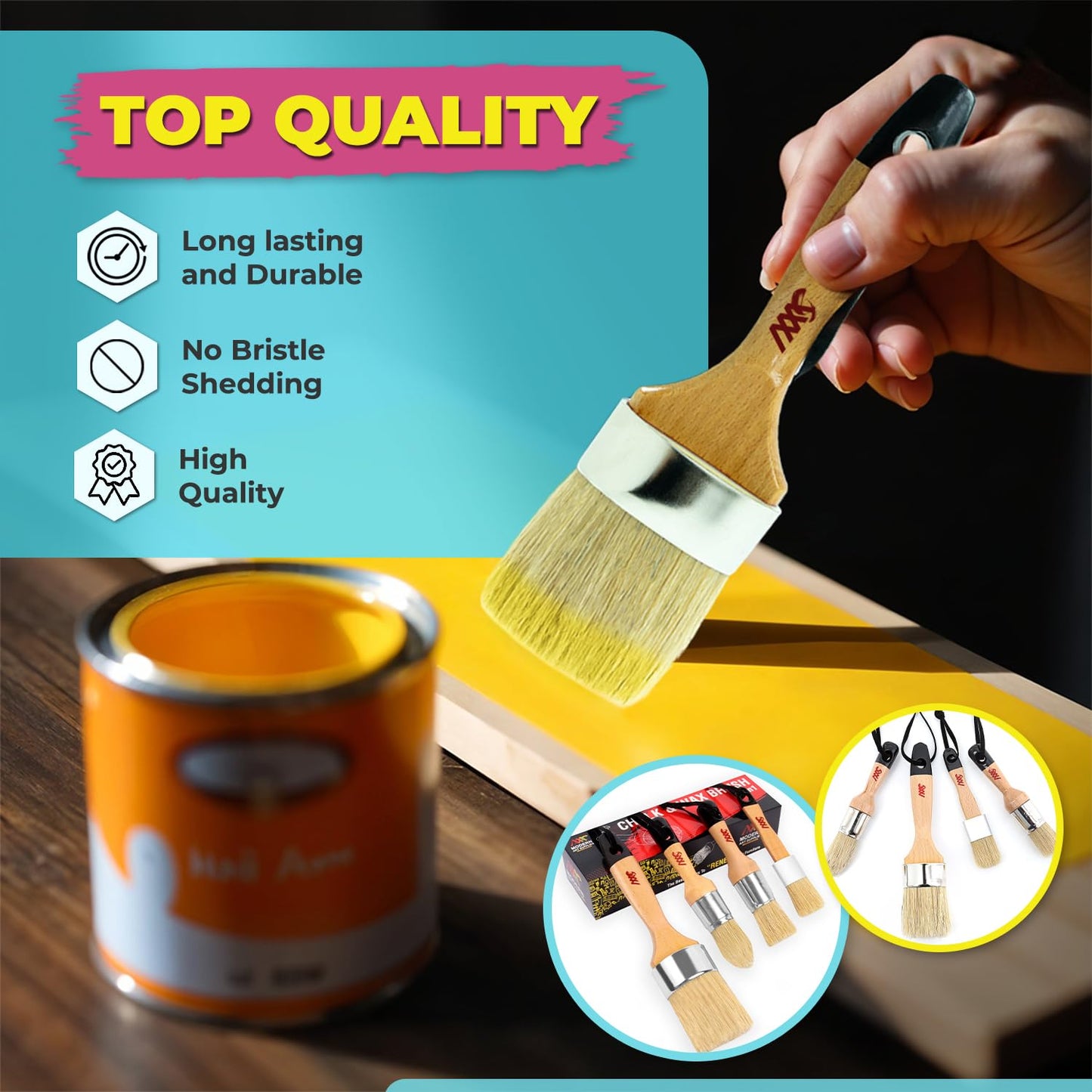 Chalk Paint Brushes Set, Pack of 2 Wax Brush - 2.5 Inches Large, Natural Bristles, Perfect for Furniture Painting, Stencils, Waxing - No Shedding, Superior Paint Pick-Up & Release