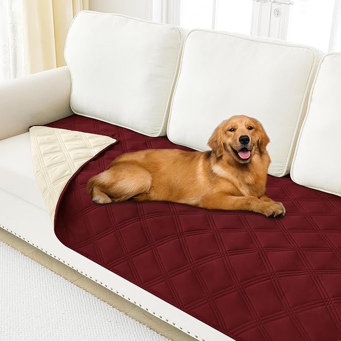 Smiry Waterproof Dog Bed Cover Blanket 40x70, Soft Reversible Pet Blanket, Washable Leakproof Cats Dogs Couch Cover for Sofa, Couch, Furniture, Wine Red/Beige