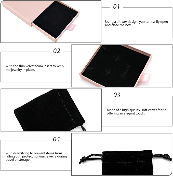 Quacc Small Jewelry Gift Box and Velvet Bag, Necklace Bracelet Earring Cardboard Organizer Square Jewellery Gift Box Pendent Storage Case for Birthday Xmas Christmas Wrapping (Pink)