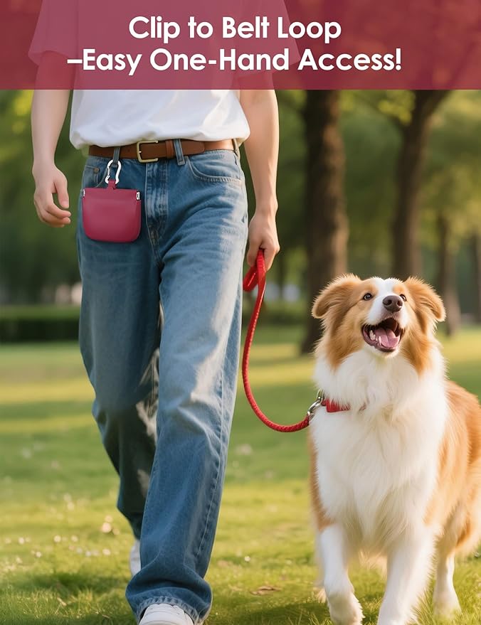 RBibei【One-Hand Access Silicone Dog Treat Pouch, Small Pocket Sized Training Pouch with Pull Tab & Auto Closing Lid for Easy Pet Training & Walking (Red)