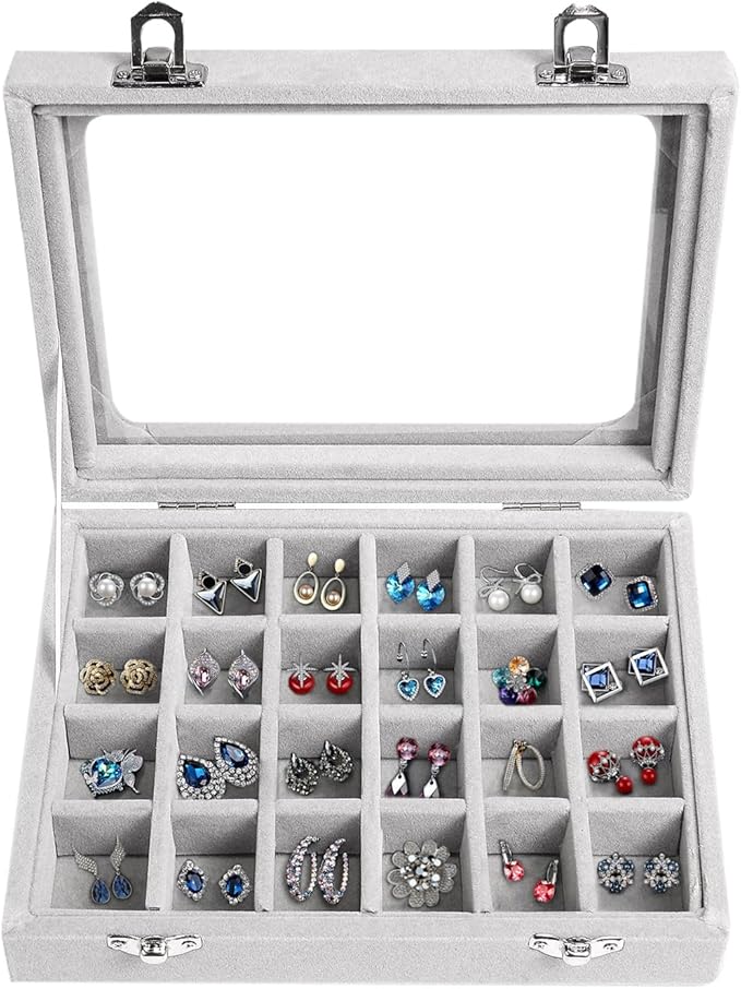 Velvet Jewelry Box 24 Grid Jewelry Earrings Display Organiser Box Ring Tray Holder Earrings Storage Case for Girls Women Wife Mom (Gray)