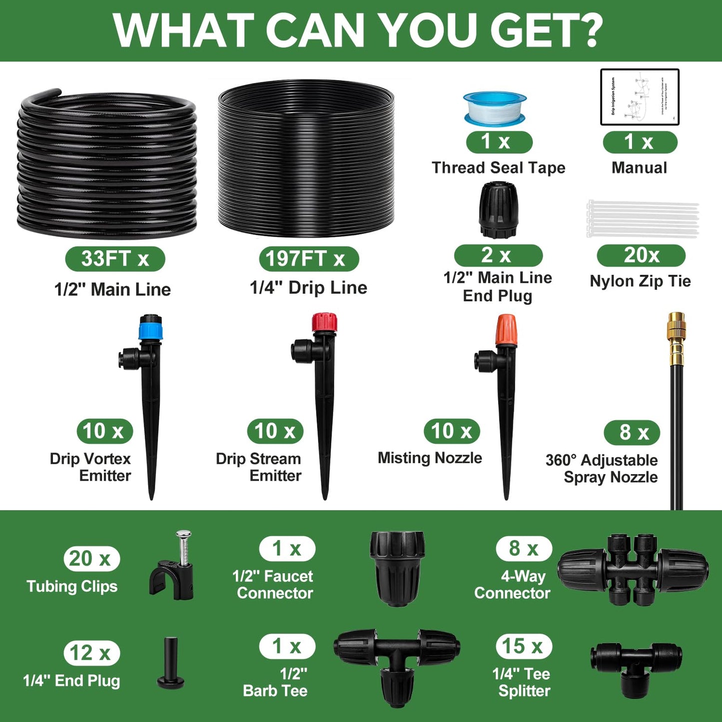 230FT Drip Irrigation System for Garden with 38pcs Adjustable Copper Nozzles & Emitters, Automatic Garden Watering System with 1/2" & 1/4" Tubing for Raised Bed, Yard, Greenhouse, Potted Plants, Lawn