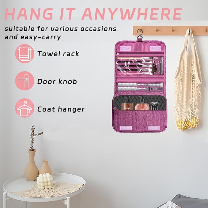 Toiletry Bag Travel Bag with Hanging Hook, Waterproof Capacity Hanging Multifunctional Makeup Bag for Toiletries, Portable Cosmetic Bag Travel Organizer for Women and Men(Purple)