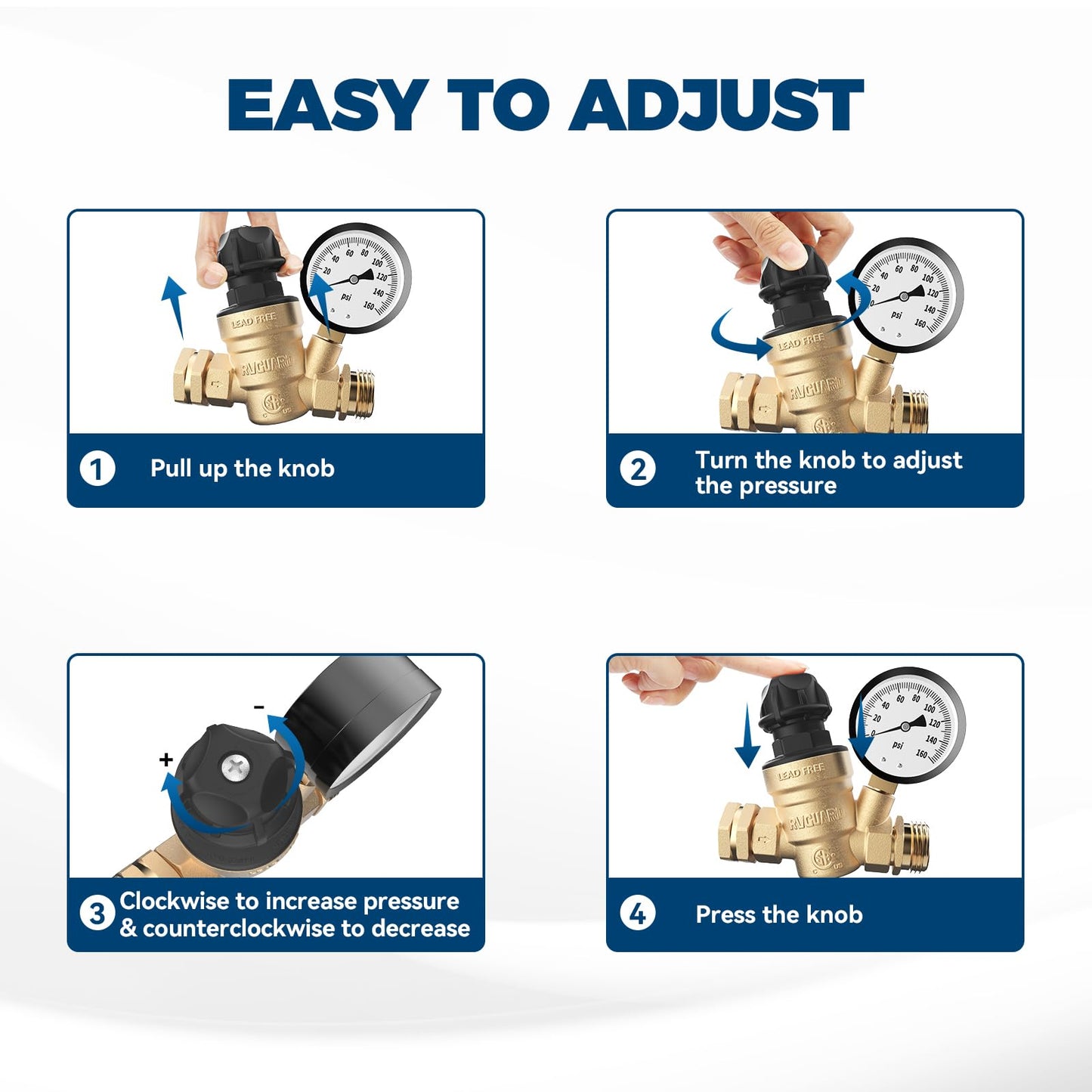 RVGUARD RV Water Pressure Regulator Valve With An Adjustable Knob, Tool-Free, CSA Approved, Lead-Free Brass Water Pressure Reducer with Gauge and Inlet Screen Filter for RV Camper Travel Trailer