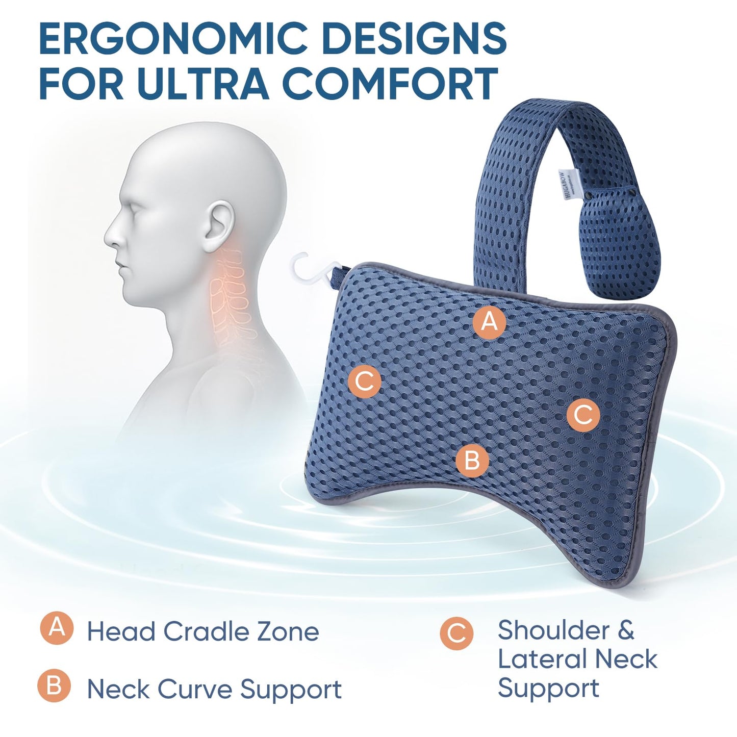 HUGABOW 2-Pack Large Pillows for Hot Tub (Blue), Spa & Chaise Lounge – Universal Headrest & Neck Support Cushion with Removable Weighted Pouch, Long Strap for Height Adjustment & Easy-Dry Hook