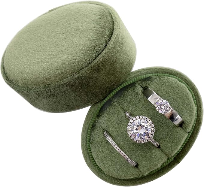 Velvet Oval Ring Box 3 Slots - Premium Wedding Three Rings Box Vintage Handmade Storage Jewelry Organizer for Proposal, Engagement, Wedding Ceremony, Christmas (Olive Green)
