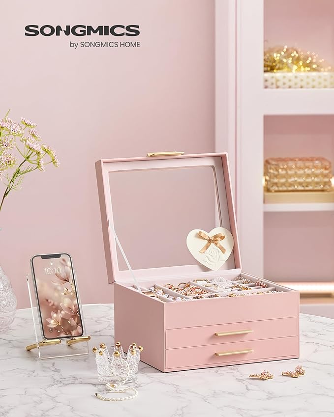 SONGMICS GISELLA Collection - Jewelry Box Organizer, 3-Layer Jewelry Storage with 2 Drawers, Shiny Metal Hardware, Glass Lid, Modern, 8 x 9.1 x 5.3 Inches, Jelly Pink and Gold Color UJBC239SA01S