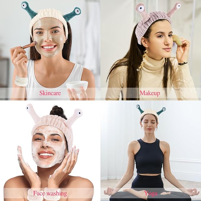 Snail Spa Set - Wristband & Headband for Face Washing, Cute Animal Design for Women & Girls - Beige, Khaki, Brown