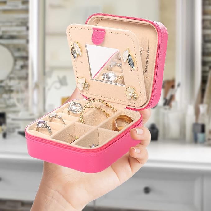 KElofoN Jewelry Case and Box - Small Travel Jewelry Organizer for Girls & Women with Mirror (Rosy-5)