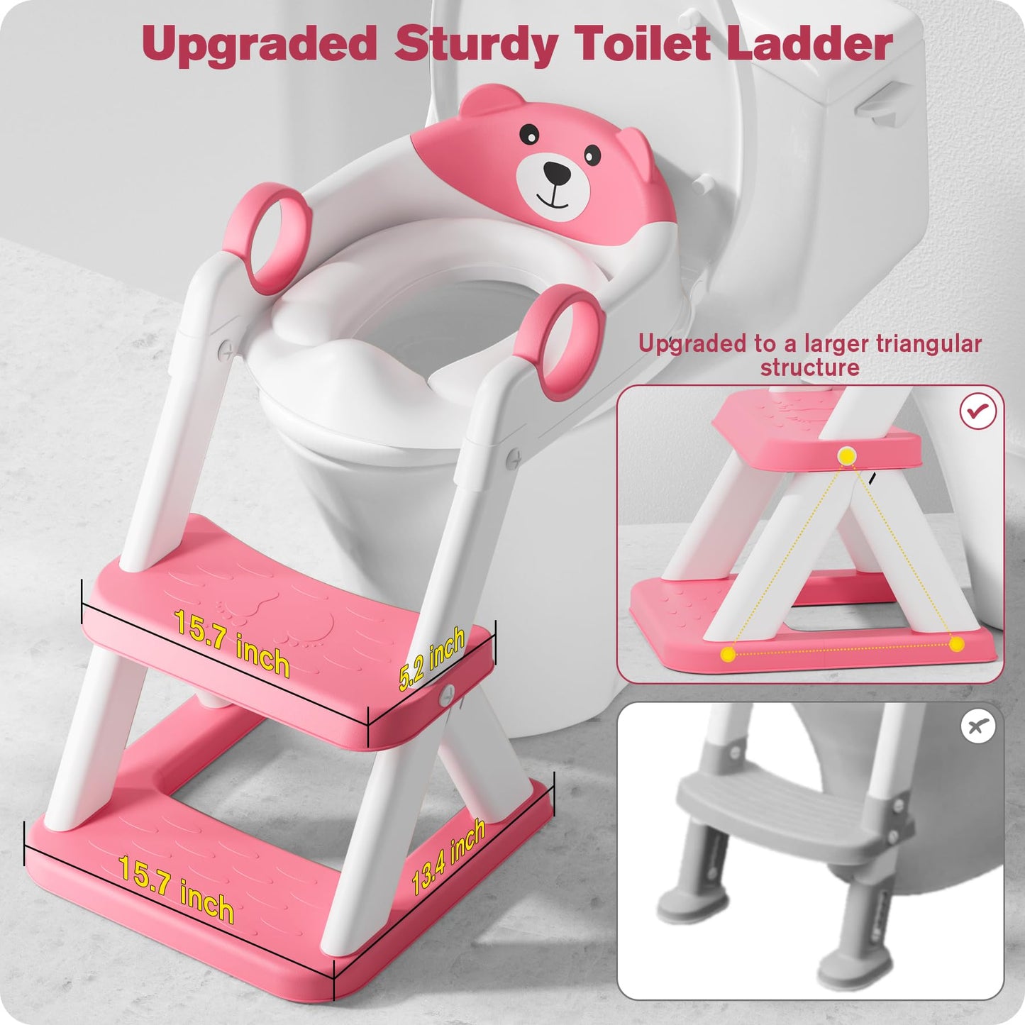 Rabb 1st Potty Training Seat, Upgrade Toddler Toilet Seat for Kids Boys Girls, 2 in 1 Potty Training Toilet, Splash Guard Anti-Slip Pad Step Stool(Bright Pink)
