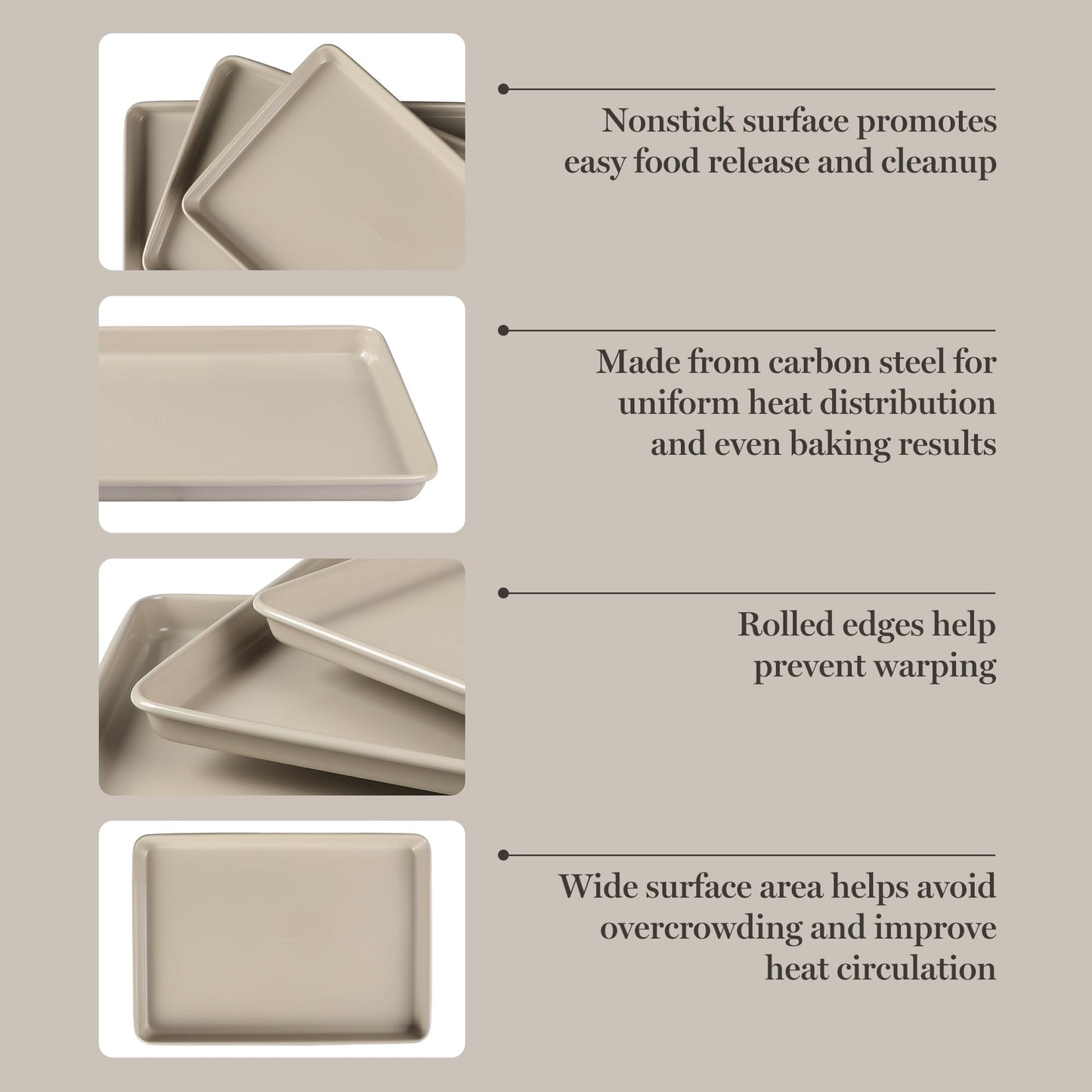 Martha Stewart Gallen 3-Piece Cookie Sheet Set – 13", 15", 17" Baking Pans, Ceramic Nonstick, PFA-Free, Carbon Steel – Oven Safe to 450°F, Warp-Resistant, Easy to Clean - Taupe