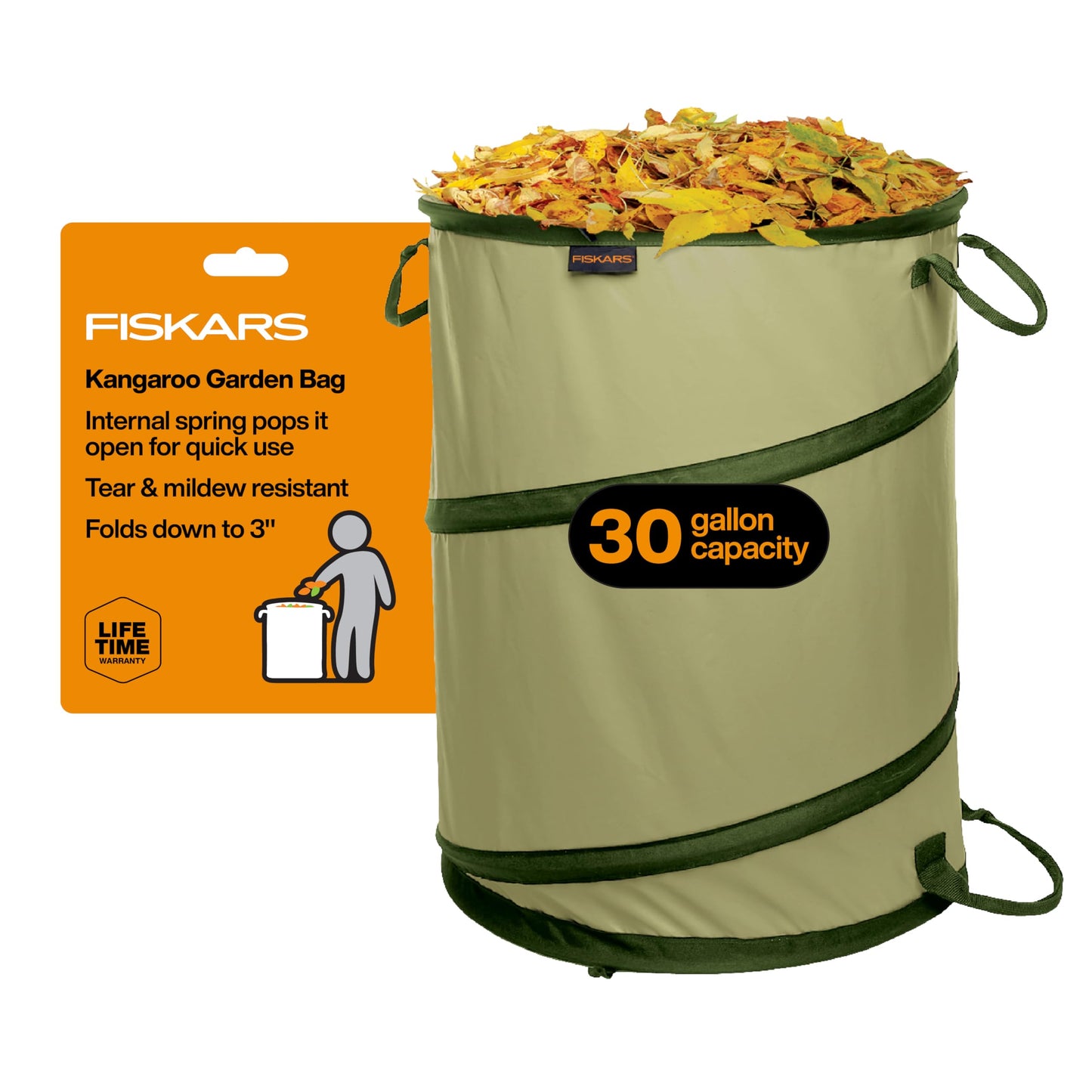 Fiskars Kangaroo Collapsible Spring Up Garden Bag for Yard Waste, Grass, Branches & Weeds, Tear & Mildew Resistant Vinyl-Coated Polyester, Folds Flat to 3 Inches for Space-Saving Storage, 30 Gallon