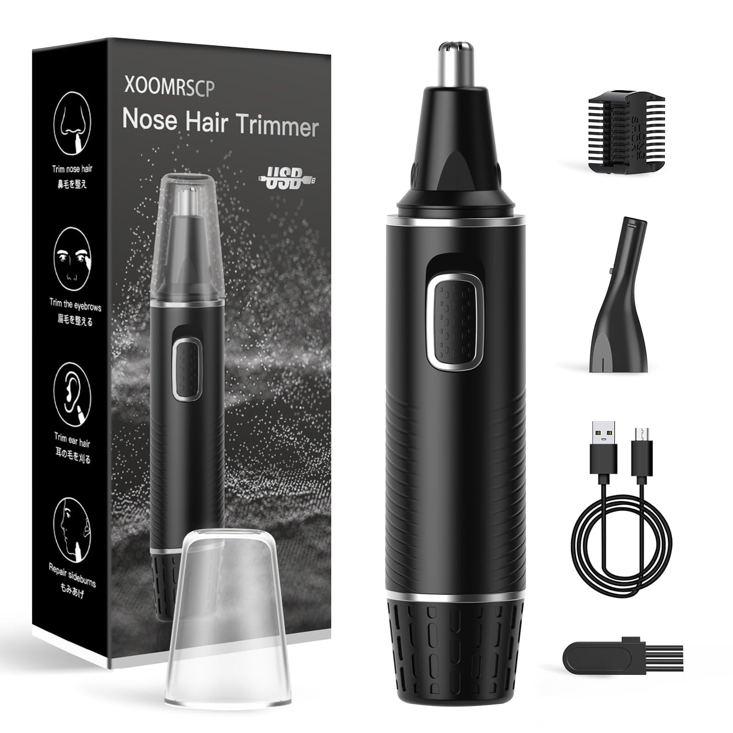 XOOMRSCP Nose Hair Trimmers for Men，Rechargeable Hair Trimmer 2 in 1 Painless Multifunctional Ear and Nose Hair Trimmer with IPX7 Waterproof Dual Edge Blades (Black Silver)