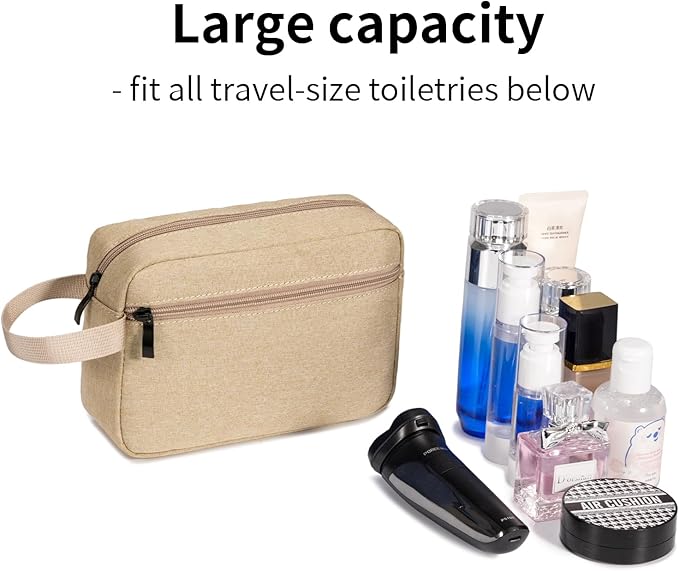 Travel Hanging Toiletry Bag with Carry Handle - Water-Resistant Small Cosmetic Organizer for Men & Women, Makeup, Shaving Kit, Gym & Travel Essentials (Khaki)