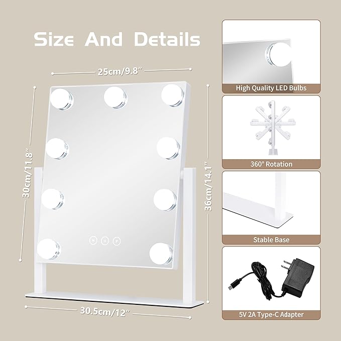 Vanity Mirror with Lights, Makeup Mirror with Lights,3 Color Lighting Modes Detachable 10X Magnification Mirror Touch Control,360°Rotation, White.