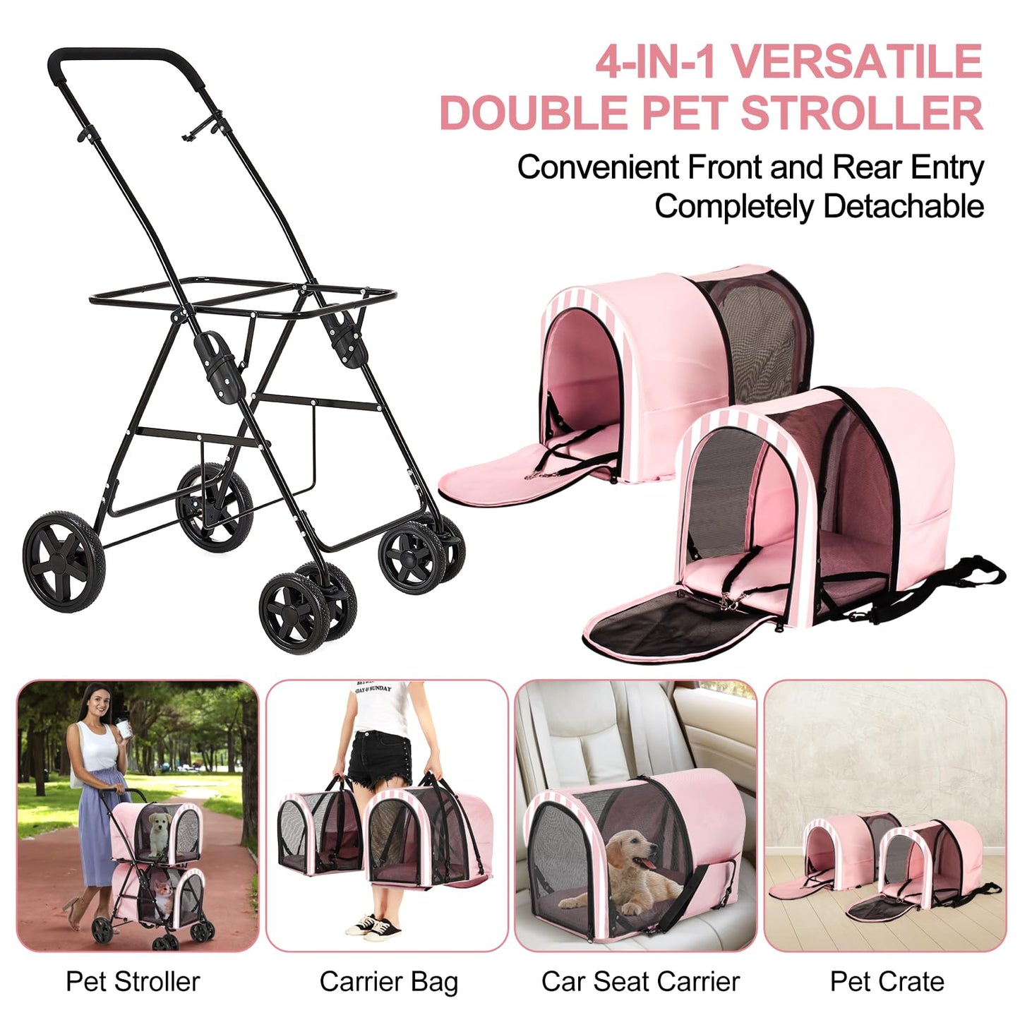 LPOTIUS Double Pet Stroller for Dogs and Cats with 2 Detachable Carrier, Quick-Folding Dog Stroller for Medium Small Dogs Cats, 4 Wheels, Light Pink