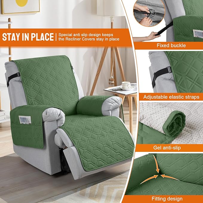 VANSOFY 100% Waterproof Recliner Chair Covers, Recliner Cover Non-Slip Dog Chair Cover Furniture Protector Washable Slipcover with Pocket, Elastic Straps for Pets, Dogs(Vine Green, 25")