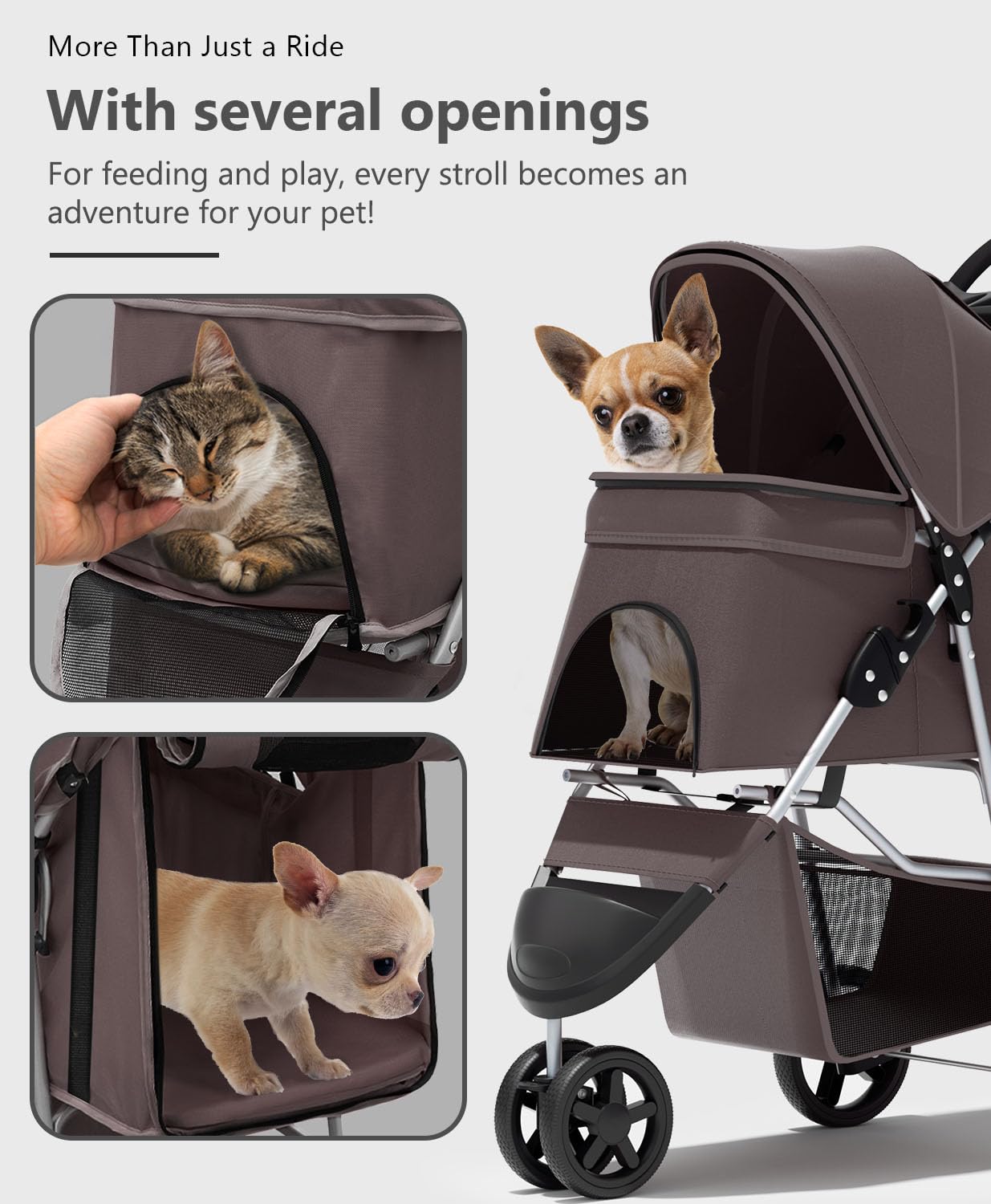 OS MOTOR Pet Stroller with 3 Wheels for Small/Medium Pets, Portable Travel Foldable Carrier Jogger for Dog Cat Puppy Kitty, Rear Wheel Breaks, Storage Basket, Visible Mesh with Weather Cover (Coffee)