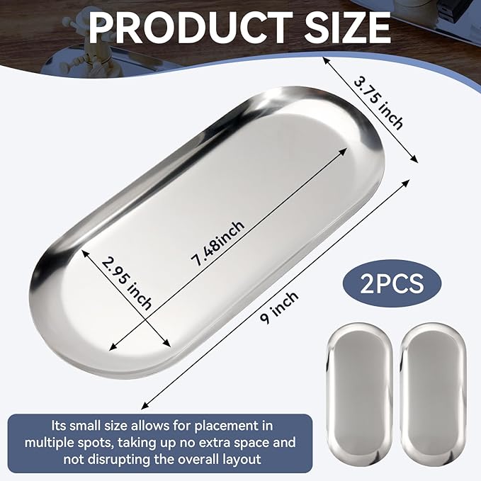 2PACK Silver Decorative Tray,Oval Stainless Steel Trays, Decorative Tray for Jewelry Dish Cosmetics Organizer Bathroom Clutter Serving Platter (Silver, 9 in)