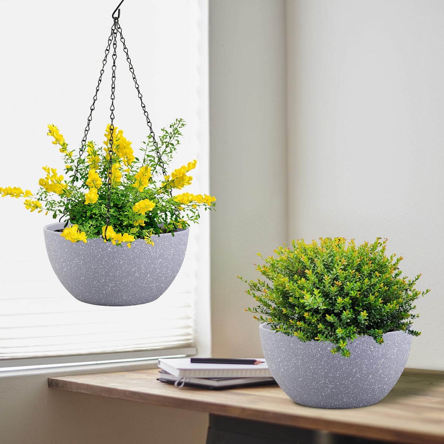 Meowell 10 inch Hanging Planters for Indoor Outdoor Plants, 2 Pack Hanging Flower Pots with Drainage Holes and Chain for Garden Porch, Plastic Hanging Baskets for House Plants, Speckled Grey